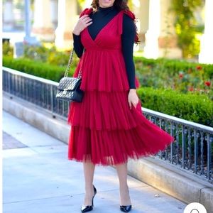 Taylor Deep Red Tiered Tulle Midi Dress
